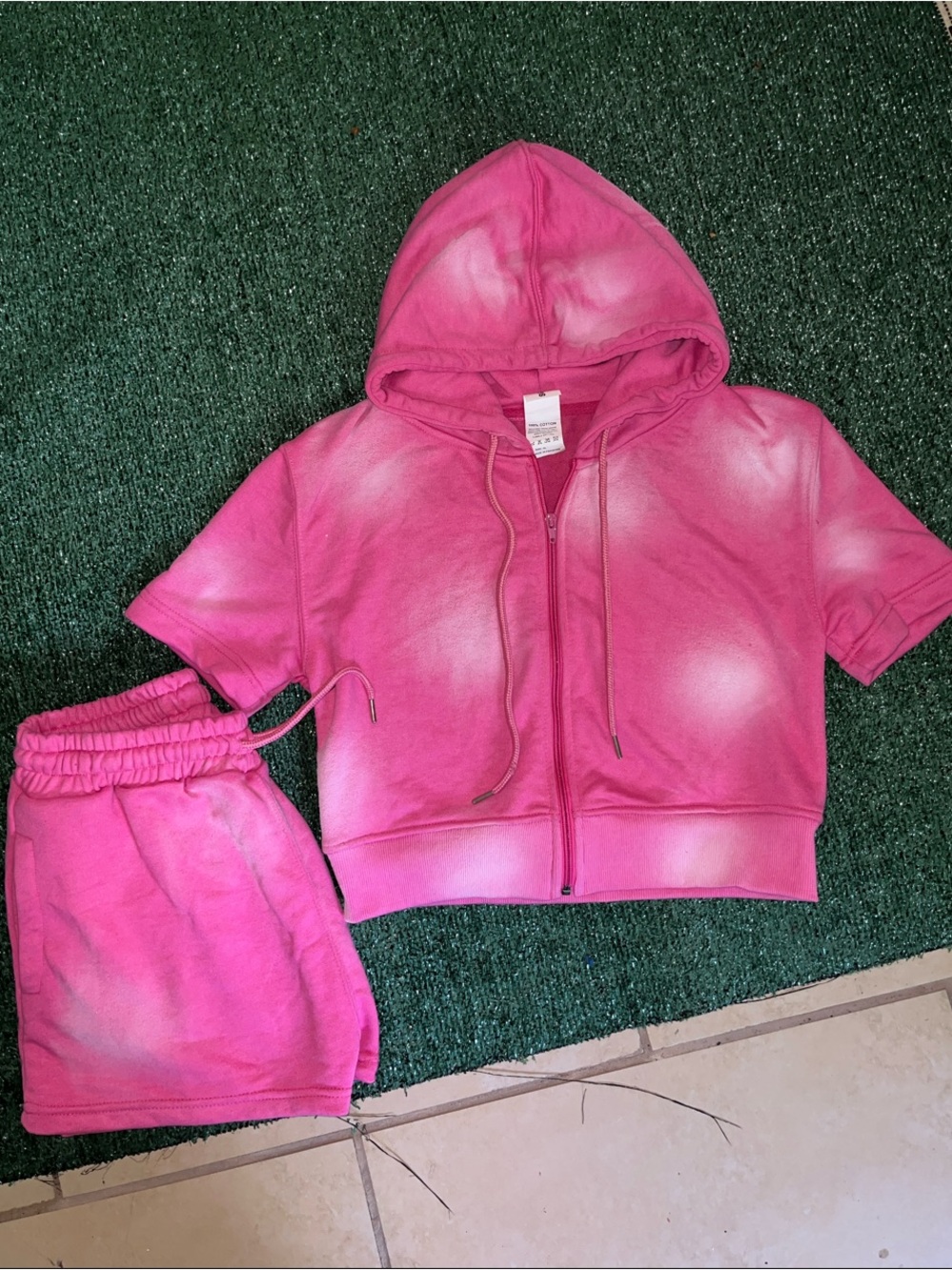 Pink Tie-Dye Short Sleeve Hoodie & Shorts Set
